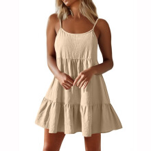 Women Spaghetti Strap Ruffle Tiered Short Flowy Dress-Khaki XXL