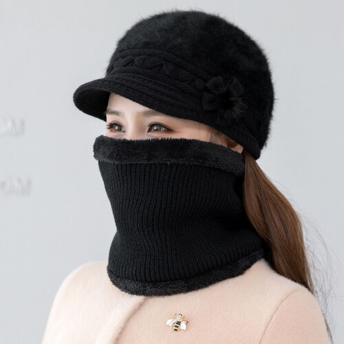 (Black) Warm Plush Beret Hat with Neck Warmer