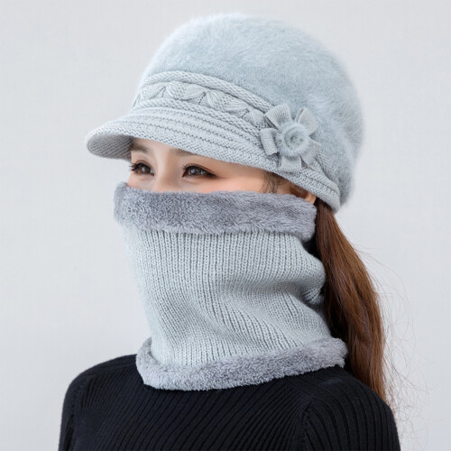 (Gray) Warm Plush Beret Hat with Neck Warmer