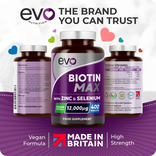 EVO Nutrition Biotin Max with Zinc & Selenium 12,000mcg, 400 Tablets 1