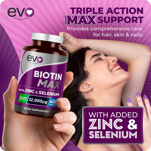 EVO Nutrition Biotin Max with Zinc & Selenium 12,000mcg, 400 Tablets 2