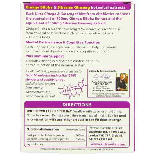 Vitabiotics Ultra Ginkgo and Ginseng Tablets | 60 Tablets 2