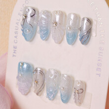 (S, NBL-SG-06) Icy Blue Press-On Nails with Pearl Decor, Multi-Size