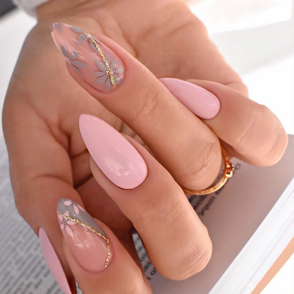 Reach-Tools Pink Flower Almond Fake Nails, 50Pcs