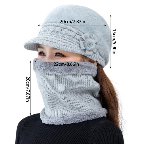 (Gray) Warm Plush Beret Hat with Neck Warmer 1