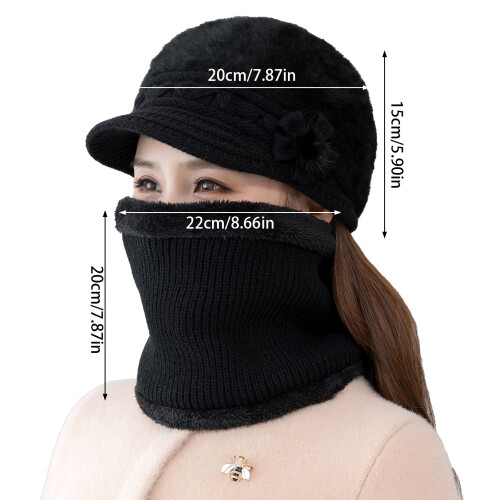 (Black) Warm Plush Beret Hat with Neck Warmer 1