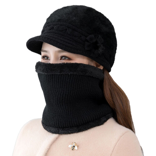 (Black) Warm Plush Beret Hat with Neck Warmer 2