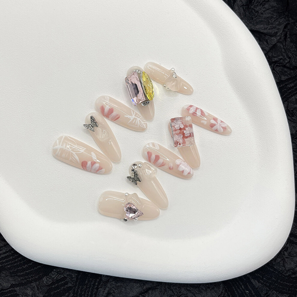 Penghui-Toys (Xs) Nude Almond Fake Nails With Flower Printed Chip-Proof Smudge-Proof Fake Nails For Women And Girl Nail Salon