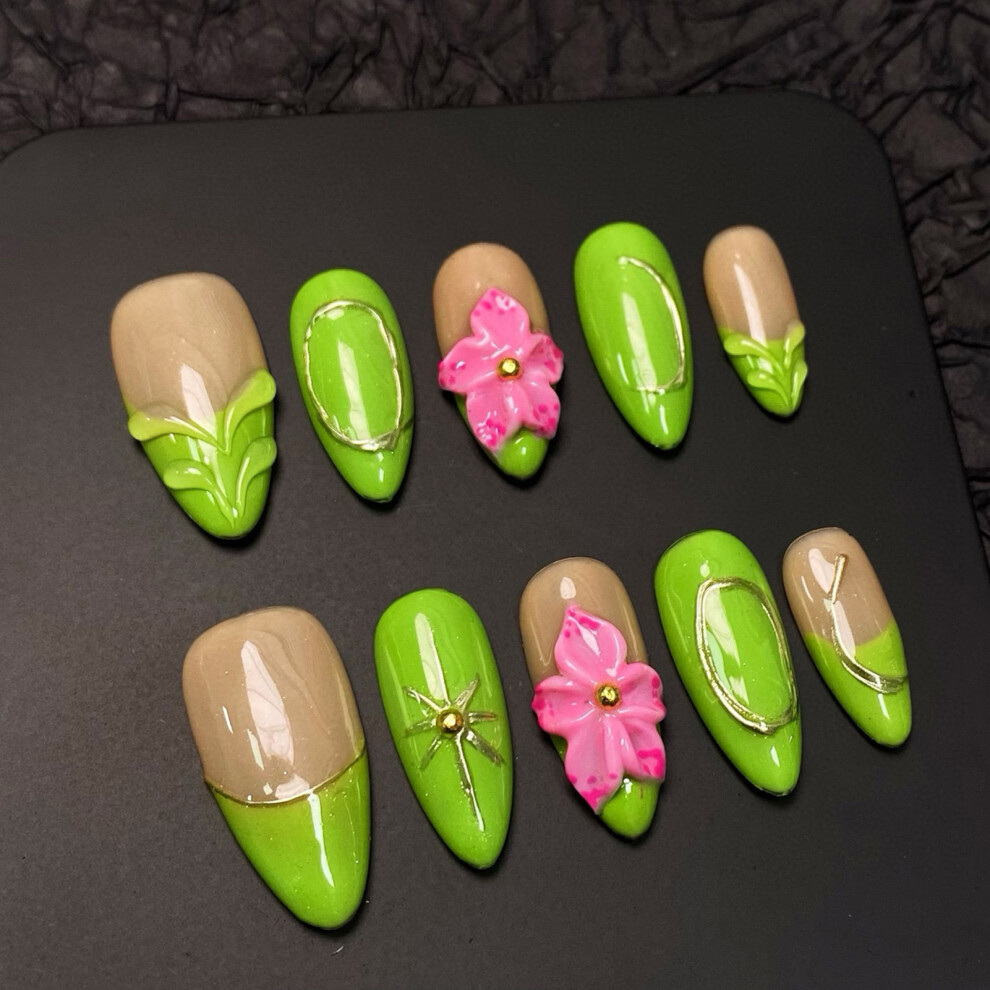 Reach-Tools Green (S) 10Pcs Glossy Nude& Press On Nails Reusable