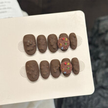 (3239 Short Oval, XS) 3D Short Oval Fake Nails, 10pcs, Chocolate Cookie Design