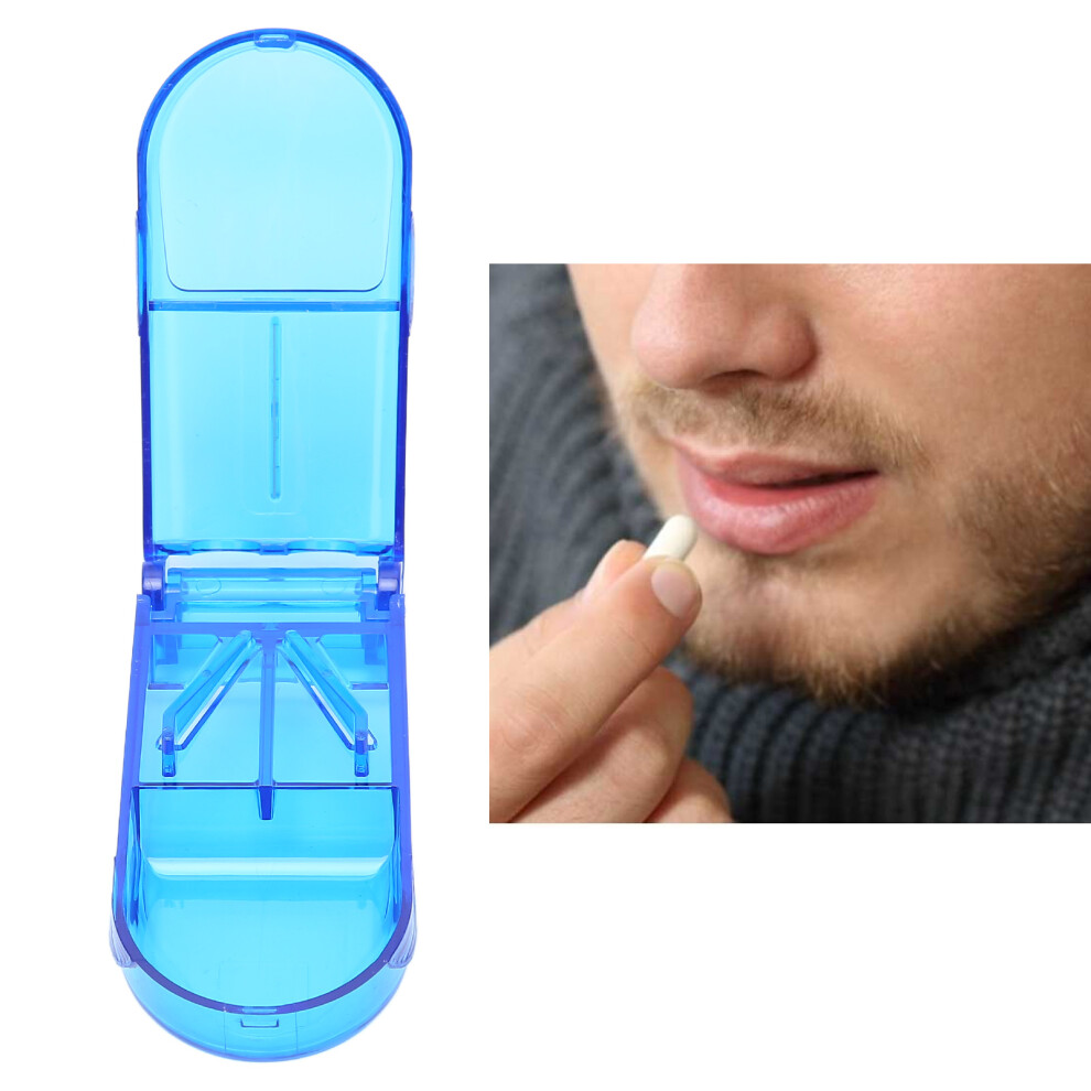 Blue Portable Plastic Pill Cutter With Storage For Elderly And Travel