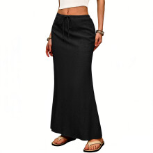 Linen Flared Maxi Skirt with Back Slit - Elastic Waist-Black S
