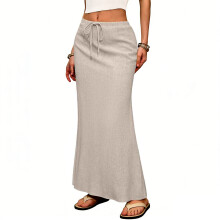 Linen Flared Maxi Skirt with Back Slit - Elastic Waist-Beige M