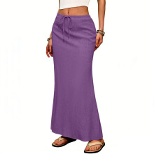 Linen Flared Maxi Skirt with Back Slit - Elastic Waist-Purple L