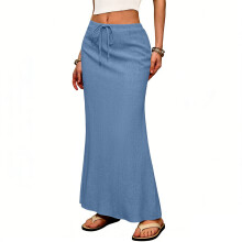 Linen Flared Maxi Skirt with Back Slit - Elastic Waist-Blue S