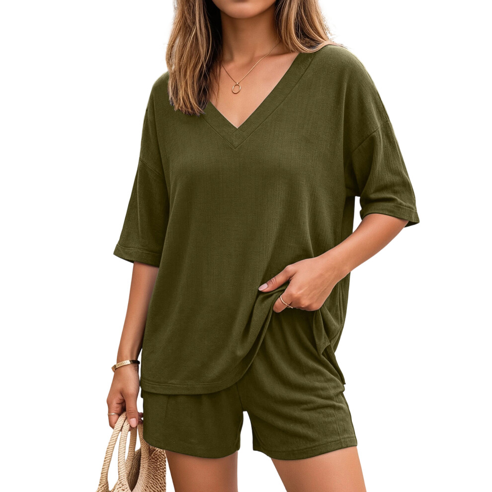 Green Two-Piece Women's Loose-Fitting Sports V-Neck-Army Xl