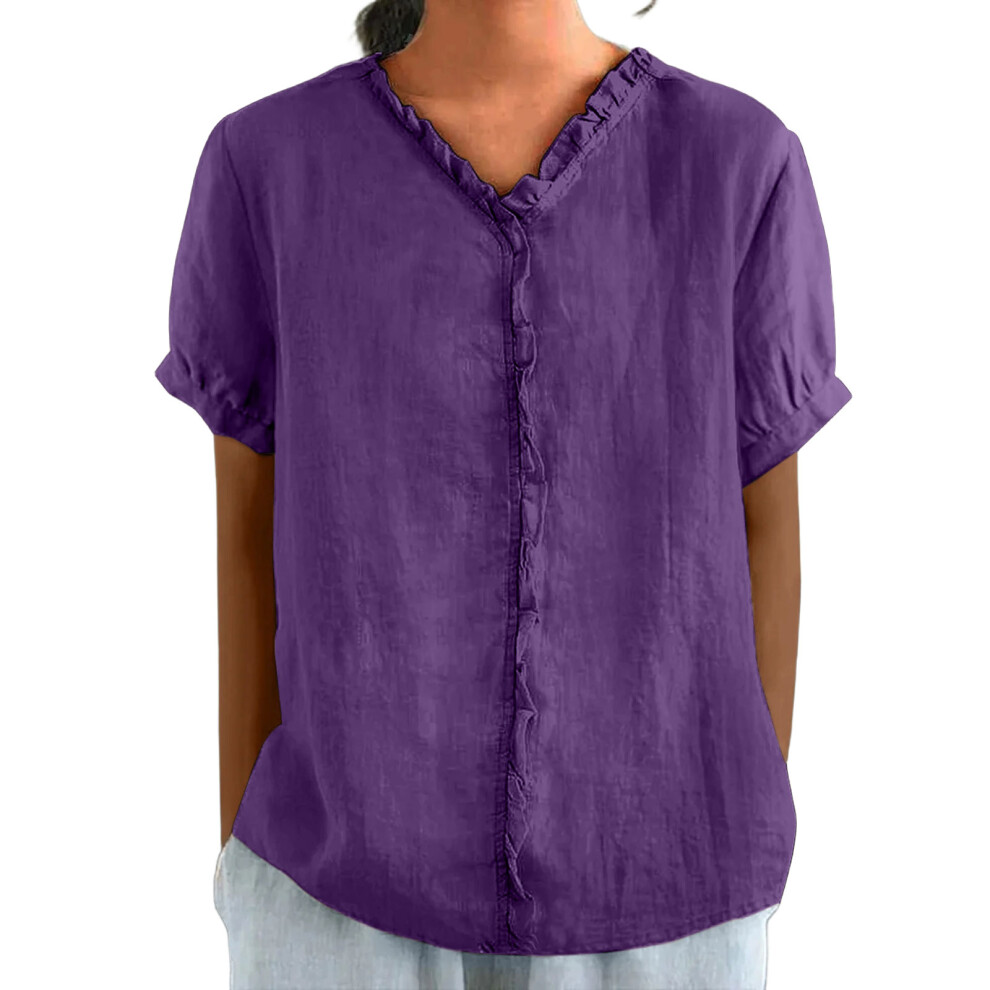 Purple Women Short Sleeve Crewneck Color Casual Lightweight- Xl