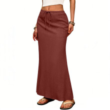 Linen Flared Maxi Skirt with Back Slit - Elastic Waist-Red M