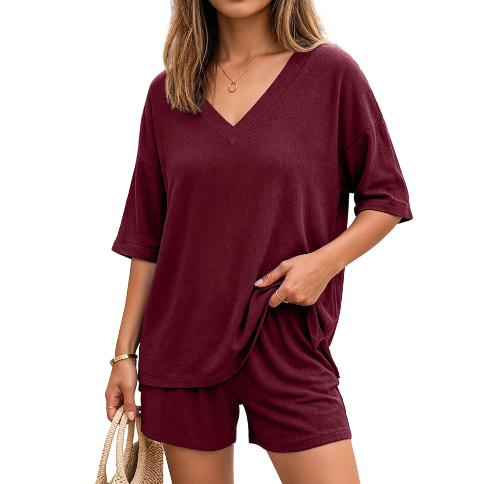 Burgundy Two-Piece Women's Loose-Fitting Sports V-Neck- L