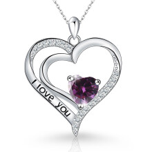 (【February】Purple Diamond, White gold) New Arrival Women's S925 Sterling Silver Heart Pendant Necklace, Minimalist Fashion Clavicle Chain