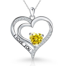 (【November】 Yellow Diamond, White gold) HKEDES New Arrival Women's S925 Sterling Silver Heart Pendant Necklace, Minimalist Fashion Clavicle Chain