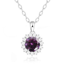 (【February】Purple Diamond, White gold) Women's S925 Sterling Silver Double Layer Round Necklace, Birthstone Fashion Pendant Clavicle Chain
