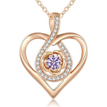 (June-light purple diamond, Rose gold) HKEDES Eternal Heart S925 Silver Double Layer Necklace, 12 Birthstone Pendant Clavicle Chain for Women Gift