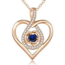 (September-dark blue diamond, Rose gold) HKEDES Eternal Heart S925 Silver Double Layer Necklace, 12 Birthstone Pendant Clavicle Chain for Women Gift