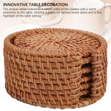 Set of 6 Handwoven Rattan Coasters with Rack