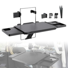 Foldable Car Steering Wheel Tray and Seat Back Table with Adjustable Phone Holder, Double Drawer Storage
