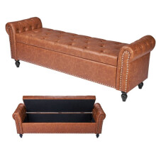 Banco de armazenamento estofado - DUOKU - CWD0112CA-KD-BROWN - Couro PU marrom - 166 cm - Braços e pés de madeira