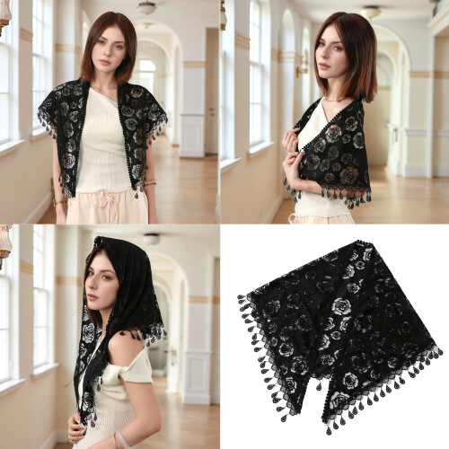 Polyester Lace Embroidered Triangular Scarf Shawl for-White 2