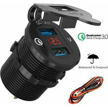 High-Efficiency Quick Charge 3.0 Aluminum Socket Car Charger, Waterproof Outlet with Full Metal Alloy Body, Red Digital Display Compatible w