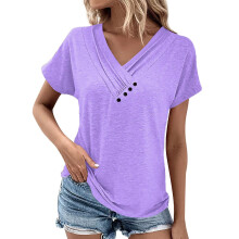 Womens Short Sleeve Tunic Top V Neck Button Shirts -Lavender L