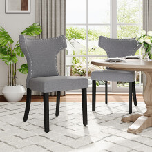 Set of 2 Dining Chairs Linen Fabric Upholstery, Wooden Frame