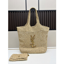 YSL Icare Medium Raffia Crochet Tote Bag 48cm
