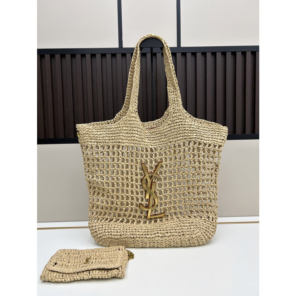 Xhrain Ysl Icare Medium Raffia Crochet Tote Bag 48Cm Yellow