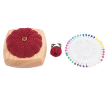 Cute Pumpkin Shape Pin Cushion Kit with Wooden Base & Finger Ring, Dark Red