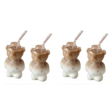 4x 320 Ml Kaffeetasse in Bärenform, Niedliche Bärentasse, Glastasse mit Strohhalm, Transparent, Innovativ, für Milch, Kaffee und Wasser