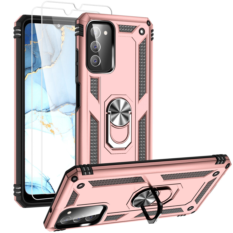 Compatible With Samsung Galaxy A03s Case With Screen Protector, Military-Grade Shockproof Cover With 360 Rotating Kickstand - Rose Gold 9448483832649