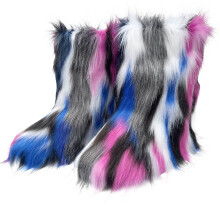 Botas femininas de cano médio com forro de pele sintética arco-íris, macias e felpudas, para neve, em camurça, quentinhas e estilosas, modelo