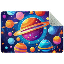 Small Washable Kitchen Rug – Cartoon Solar System & Stars Pattern, Non-Slip Indoor Door Mat for Entryway, Bathroom, Bedroom; Compatible with