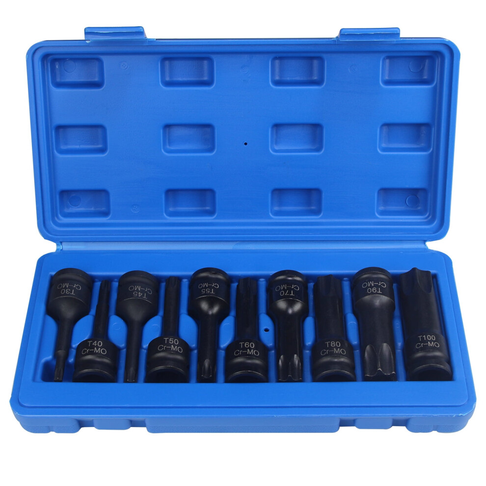 1/2" Drive Torx Impact Socket Set, 10Pcs Extra-Long Cr-Mo Bits (T30-T100), 3" Length, W/ Storage Case 9448483898041