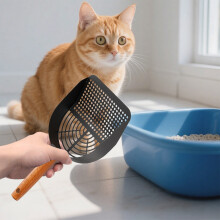 Pá grande de plástico para areia de gato com furos finos, cabo ergonômico para limpeza eficiente, pá durável de 28 cm (preta/prateada)