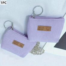1pcs Mini Corduroy Coin Purse with Keychain Casual Style Zipper Closure Unlined Fabric Perfect for Keys, Cables, Coins