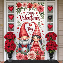 Red Heart Valentine’s Banner with Pink Cherry Blossom, Teddy Bear & Hearts – Romantic Party Backdrop, Compatible with Valentine’s Day Decor