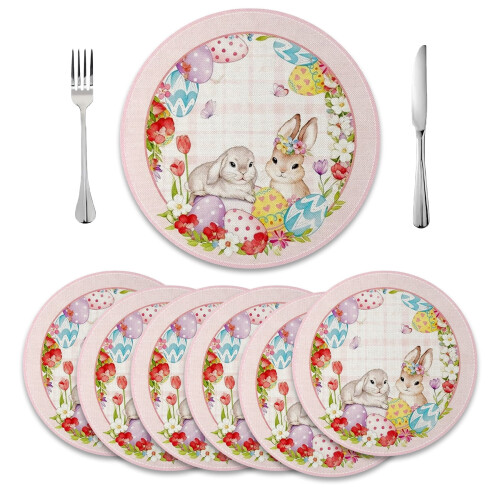 Spring Easter Round Placemats Set of 6,Happy Easter Funny Rabbit Eggs Table Decor 14 inch