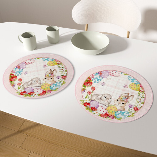 Spring Easter Round Placemats Set of 6,Happy Easter Funny Rabbit Eggs Table Decor 14 inch 1
