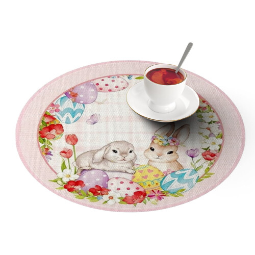Spring Easter Round Placemats Set of 6,Happy Easter Funny Rabbit Eggs Table Decor 14 inch 2
