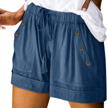 Lyseblå hør-atletikshorts til damer, afslappet bermuda-stil med dekorative knapper og lommer – store størrelser, elastisk talje, sommerklar